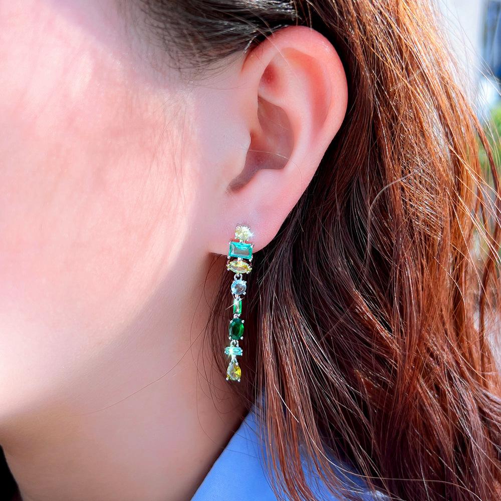 Needle Light Luxury Super Fairy Temperament Long Face Small Earrings Geometric Color Zircon Two Wear Double Fringed Earrings