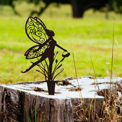 Flower Fairy Patio Sculpture Outdoor Garden Metal Iron Lawn Insert Metal Crafts Outdoor Garden Decoration