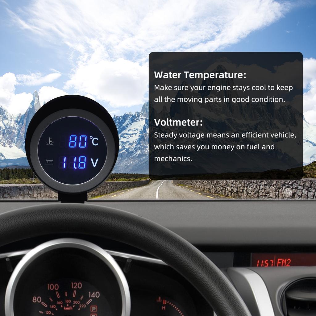 AD 2 In 1 12V 24V Round Led Digital Car Truck Water Temp Gauge Temperature Sensor Temperatura Moto Voltmeter Volt Voltage Meter