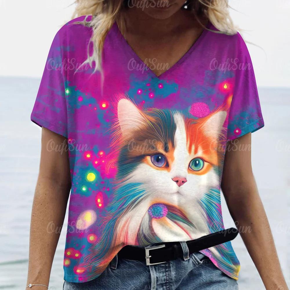 Letni Damski T-shirt Modny Wzór Kreskówkowy Kot Dekolt V Bluzki Koszulki Damska Codzienna Odzież z Krótkim Rękawem Damski Strój Vintage