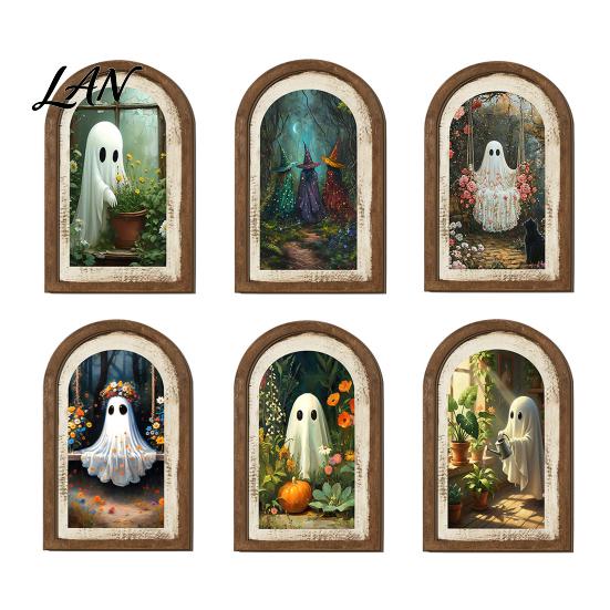 Halloween Entrance Cabinet Decor Ghost/Witch Arched Wall Decor, Cute Ghost Table Sign, Rustic Farmhouse Shelf Retro Room Decorative Hanging
