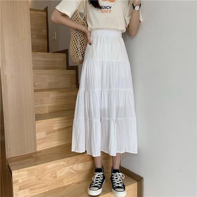Spring Summer Women Chiffon Skirts Vintage High Waist Elastic Patchwork White Black Chic Long Cake A-line Skirt for Student