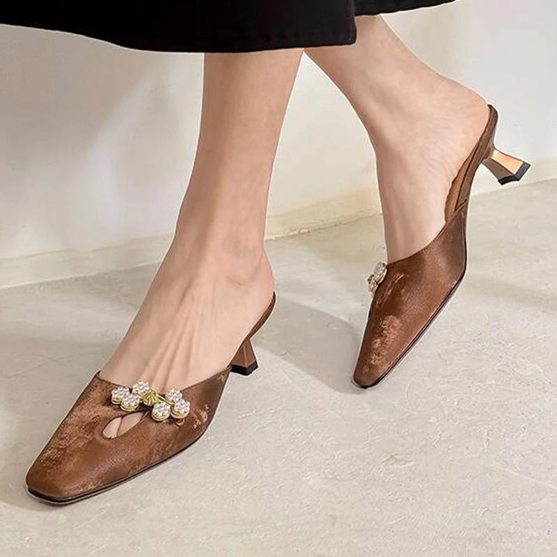 Fashion Women Heeled Slippers Square Toe Fashion Shoes Elegant Summer Sandals Walking 2025 Designer Dress Pumps New Luxury Ladias Shoes