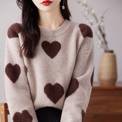 WTEMPO Damen Langarm Rundhals Pullover Mode Herz Strickwaren Mädchen Weich Bequem Strickoberteile Pullover