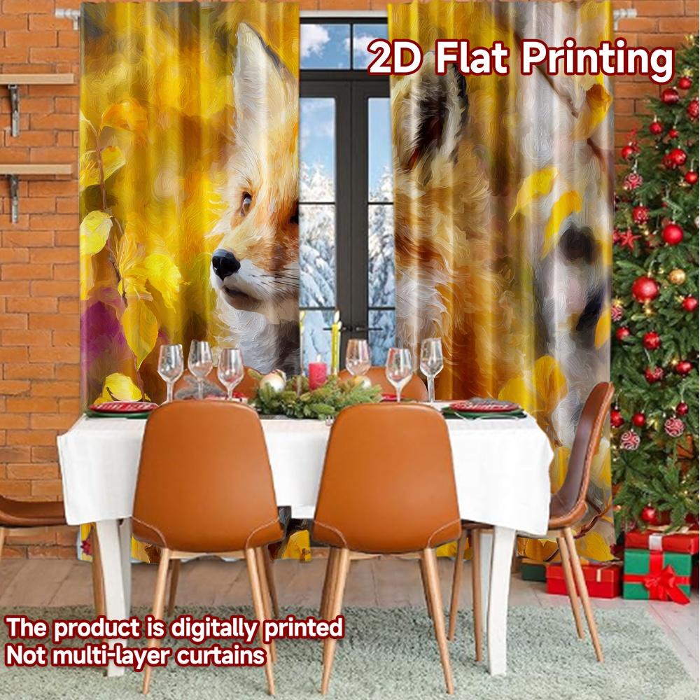 Flat Printing Curtains Without Rod Autumn Fox Christmas Holiday Versatile Polyester Fabric Room Curtain Set Of 2 Made Washable