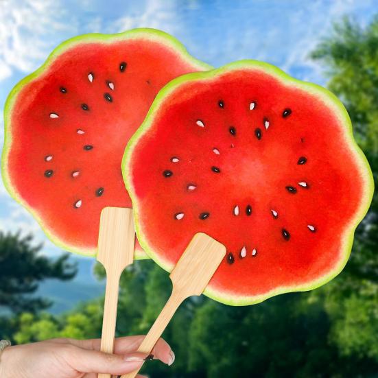 1/2Pcs Watermelon Fan with Wooden Long Handle, Lightweight Decorative Round Hand Fan, Outdoor Portable Summer Cooling Fan