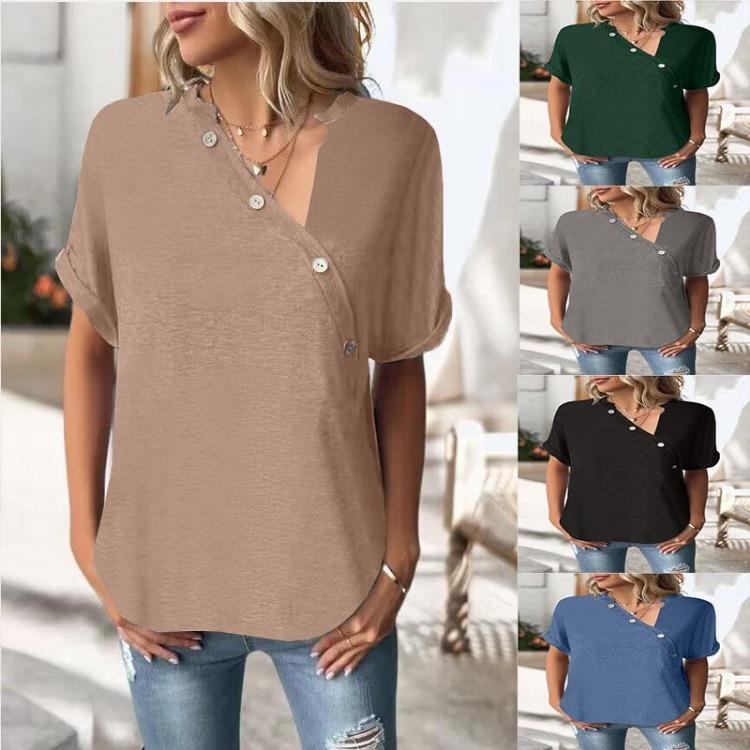 Women's Fashion Solid Color Top Twist Button Spring Summer European American Style