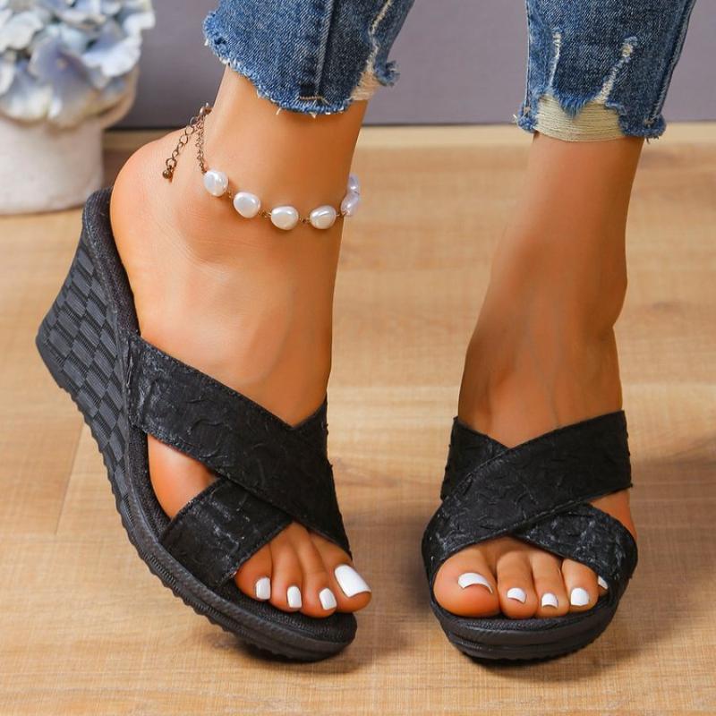 Sommer Neuer Stil Keilabsatz Dicke Sohle Fischmaul High Heel Pantoletten Damen Pantoletten Sandalen Vier Stile Übergröße 36-41
