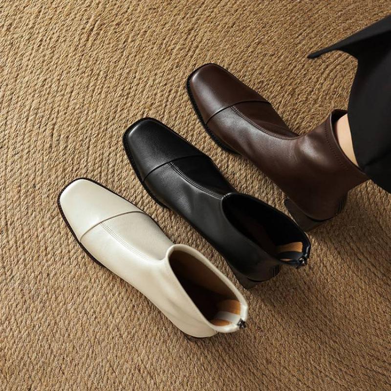 Versatile New Cowhide Knight Boots Women's Non-slip Large Size Medium Heel Autumn and Winter Leather Medium Boots Square Head Solid Color Women's Boot