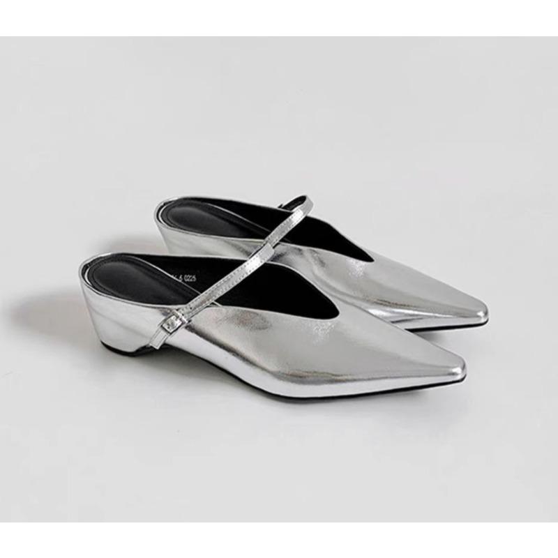 

Fashion Black Designer Pointed Toe Women Loafers Black Casual Mules Shoes Belt Buckle Shallow Slip on Low Flat Heeled Party Pumps 35 серебряный