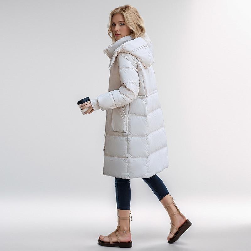 Casaco de Algodão de Pena Feminino Longo Inverno Espessado Acima do Joelho Solto com Capuz
