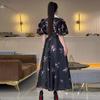 2024 Summer Women's Fashion Color-Block Puff Sleeve Waist-Tied Long Dress