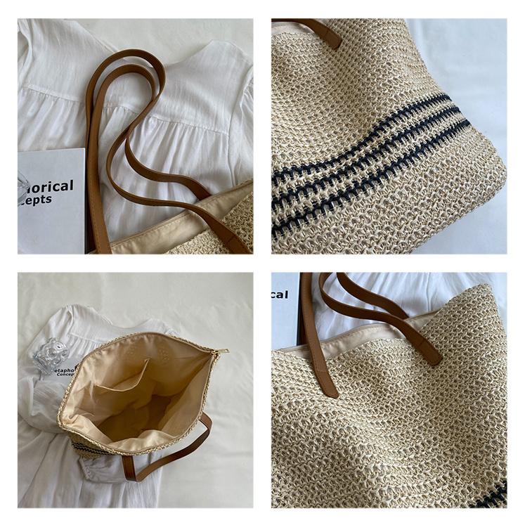 Women's Large-capacity Literary Striped Straw Bag Ethnic Style Shoulder Bag Tote Bag Handbag Vacation Beach Bag