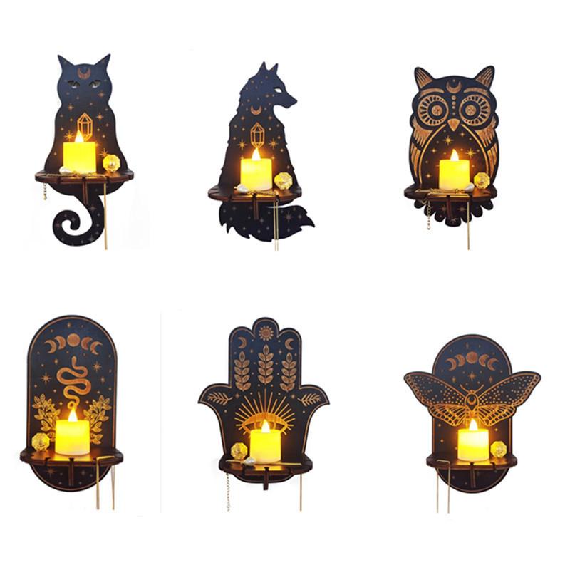 Wall Hanging Mounted Candlestick Holder Wooden Carving Craft Decor Owl Animals Foxes Cat Candle Display Crystal Storage Rack