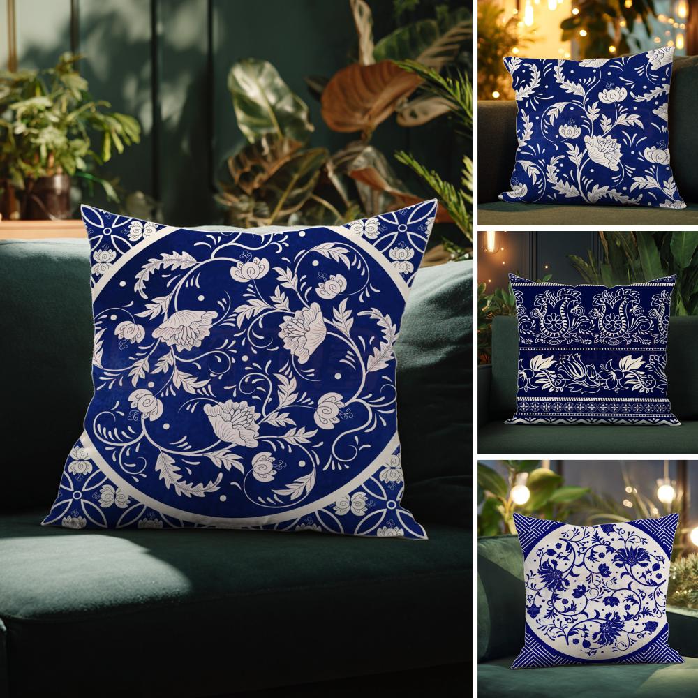 Ethnisch blauer floraler Kissenbezug Musterbedruckter Kissenbezug für Wohnzimmer Sofa Kissenbezug & Schlafzimmer Dekoration
