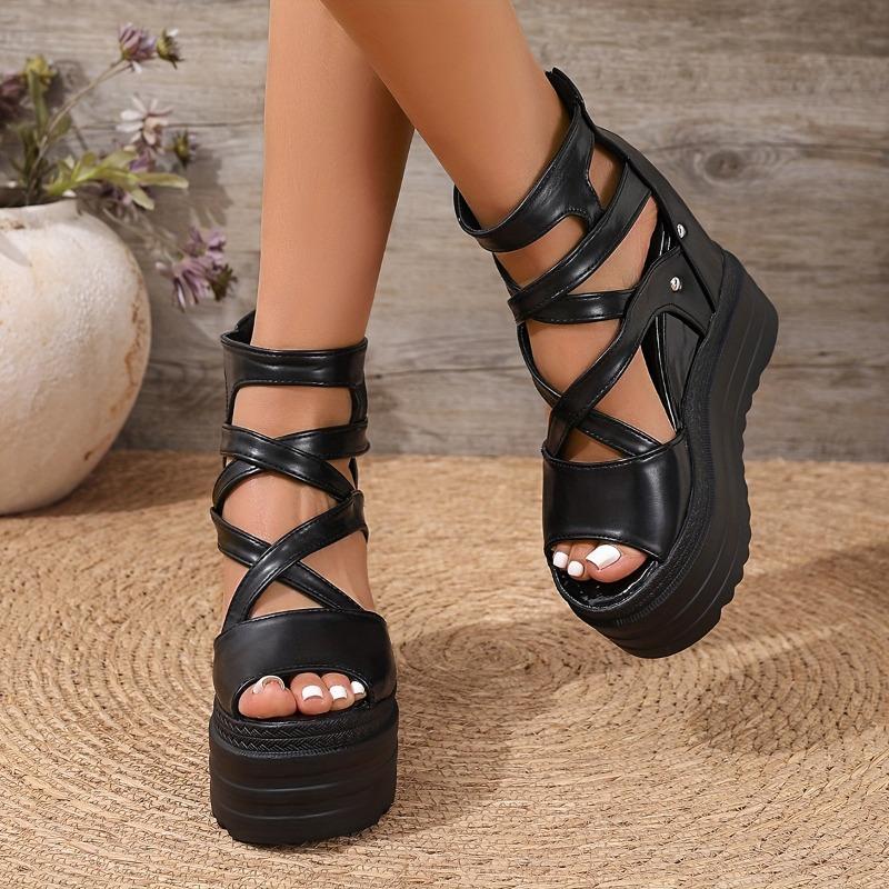 Women's White Faux Cover Wedge Sandals - 12cm Extra High Heel, Peep Toe with Cut-Out Design, Glossy Finish, Back Zipper Closure for Casual