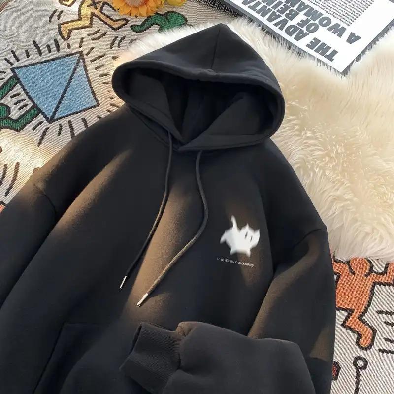 Korean Style Loose Fit Unisex Cat Print Hooded Sweatshirt For Autumn Winter