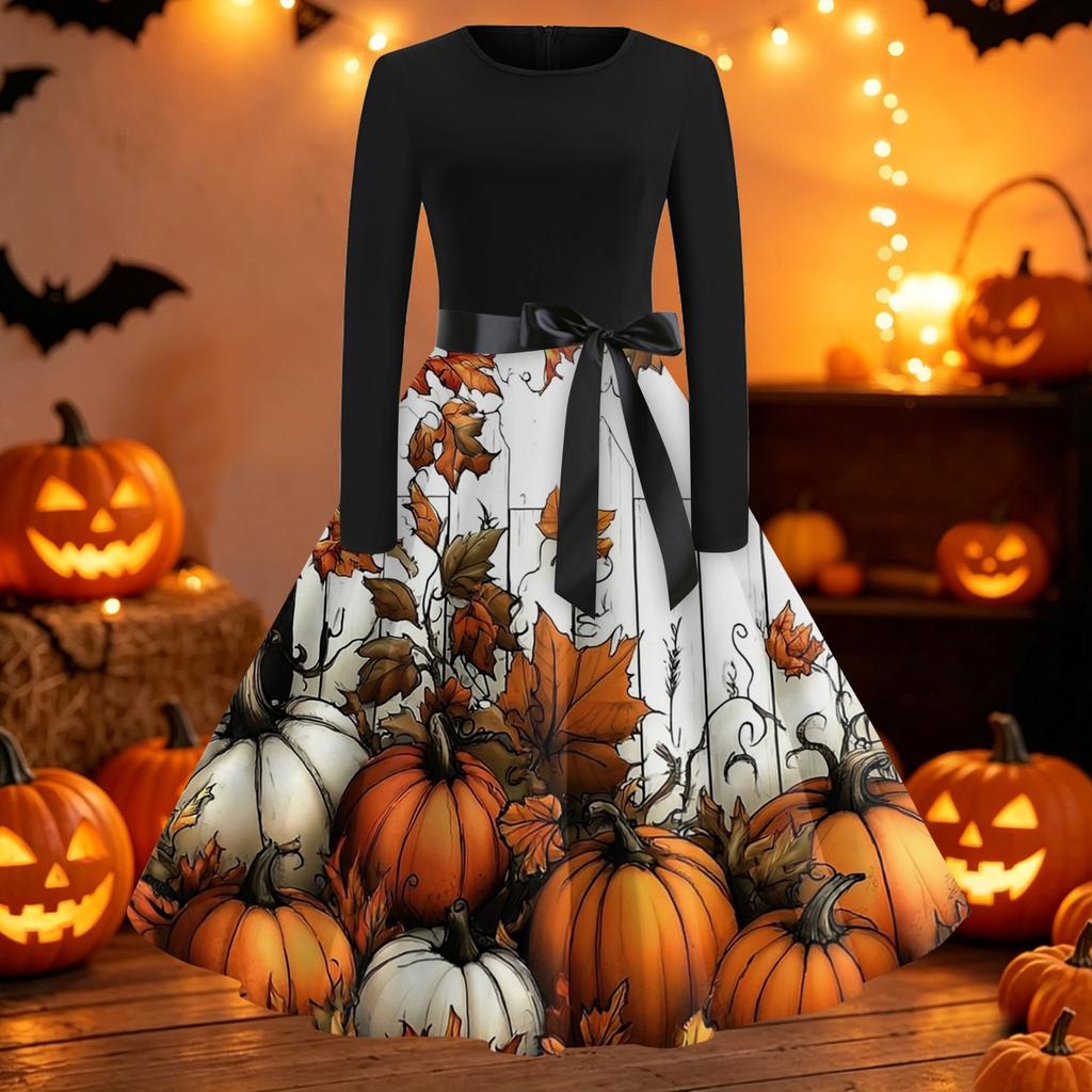 Women's Vintage Round Neck Dress with Halloween Print for Casual Fall Outings