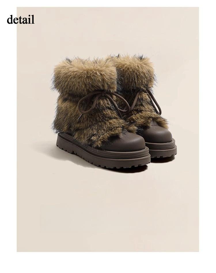 Winter Warm Snow Boots for Women Lace-Up Anti-Slip Faux Fur Lined Ankle Booties Women's Chunky Platform Plush Faux Fur Calf Comfort Short Boot Shoes