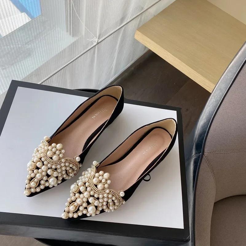 2024 Trend Pearl Ballet Flats Women Pumps Floors Shoes Without Heels Loafers Female Dress Moccasins Ladies Luxury Autumn Zapatos