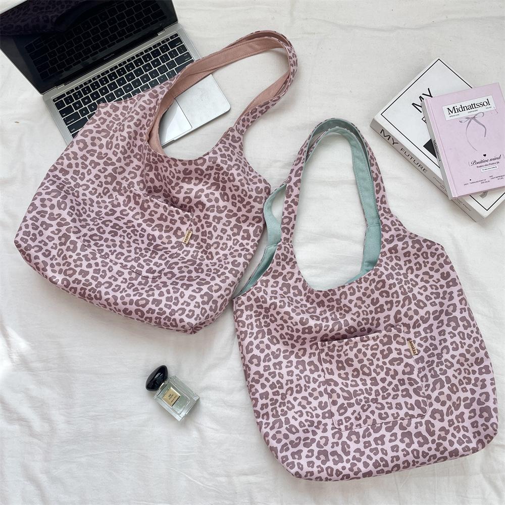 Pink Vintage Leopard Faux Suede Women's Shoulder Bags Retro Female Large Casual Tote Double Sided Design Ladies Purse Handbags