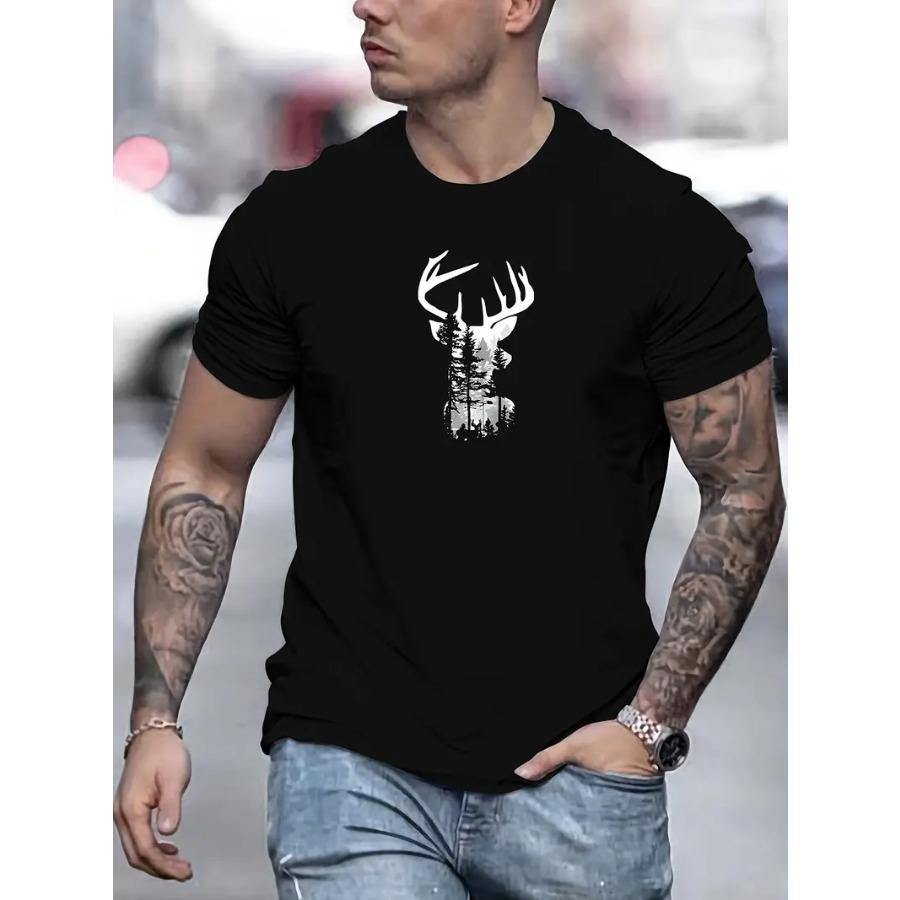 Men's Summer Casual T-Shirt with Deer Head Design - Breathable Polyester, Crew Neck, Short Sleeve
