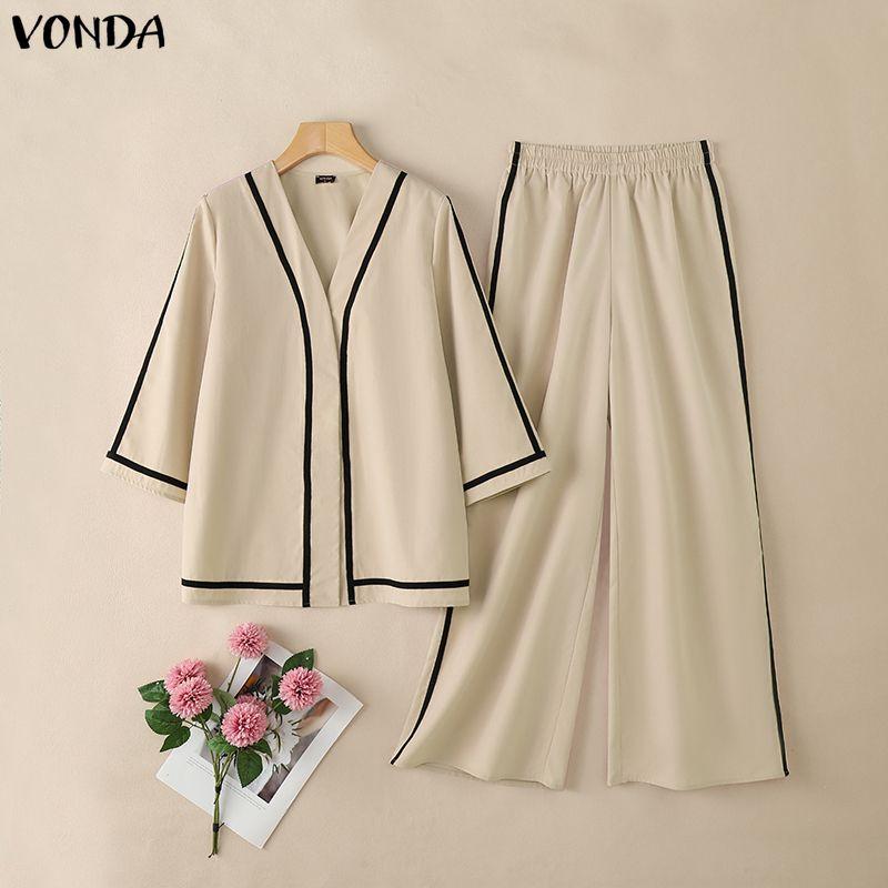 

VONDA Two Piece Suit Women 3/4 Sleeve Splicing Blouse and Pants Casual Sets S хаки