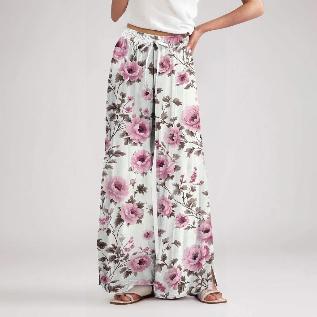 Women's Loose Casual Floral Print Wide Leg Pants With Elastic Waist Drawstring And Pocket Pants