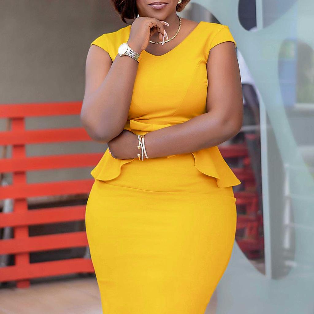 JKASHDK Damenmode Sommer Frühling Einfarbiger Druck Plus Size Kurzarm V-Ausschnitt Mittlere Taille Freizeitkleider