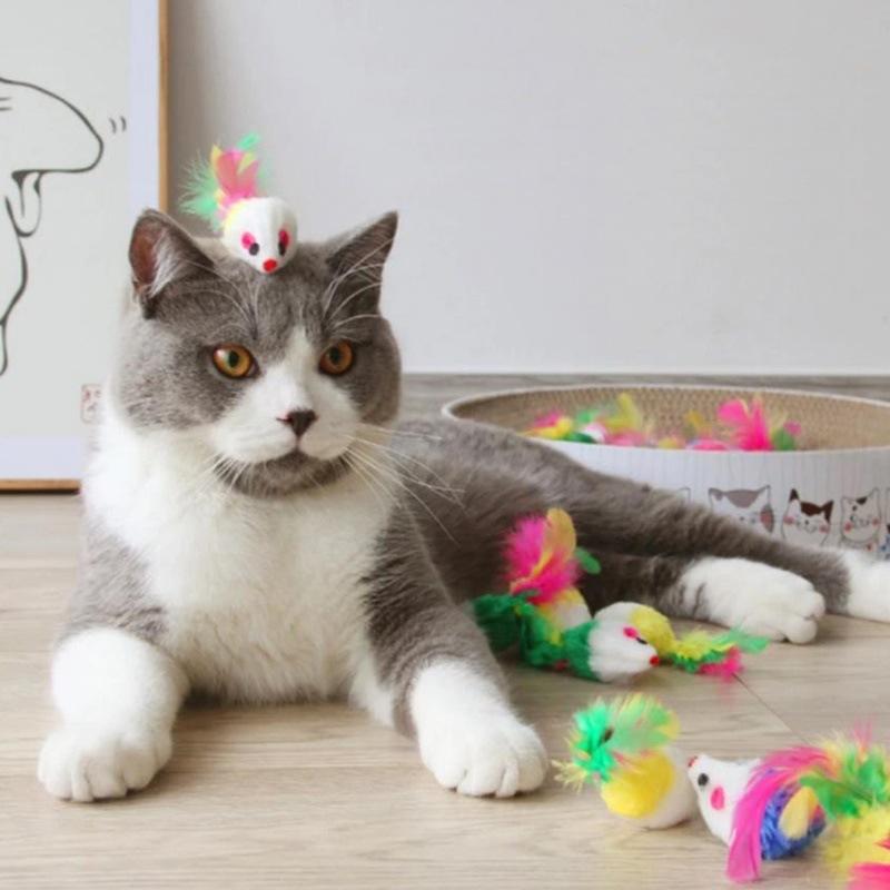 Interactive Pets Cat Toy Cute Soft Fleece Colorful Feather False Mouse Funny Playing Training Supplies for Kittens Cats
