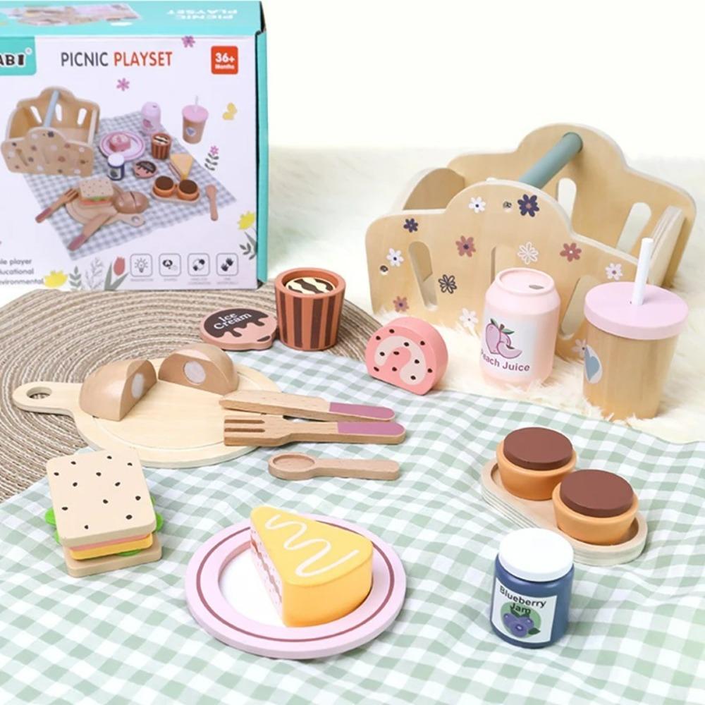 Picnic Basket Hand-held Basket Pretend Play Toys Children's Wooden Simulation Tableware Set Girls' Toys Desserts and Cakes