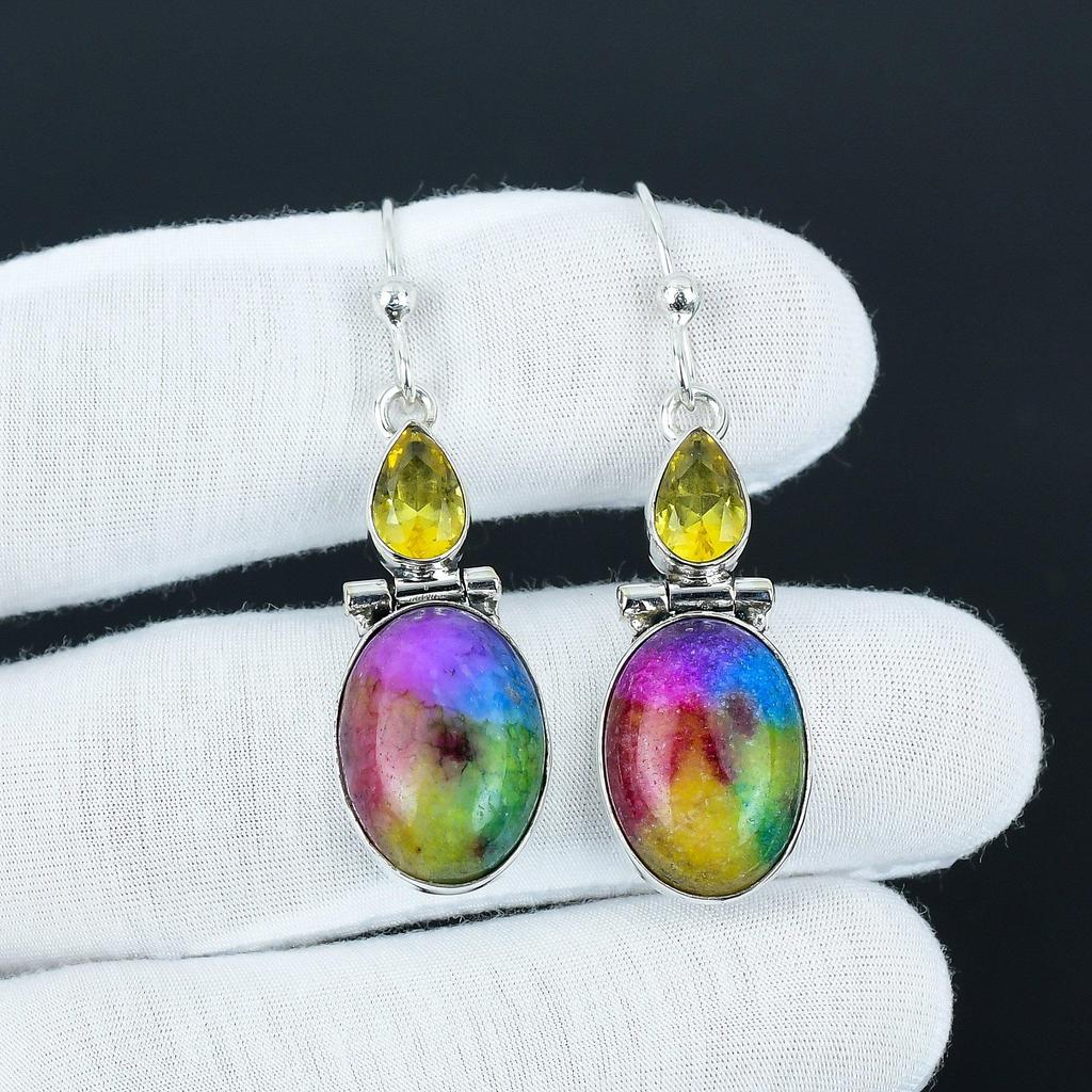 Rainbow Solar Quartz & Citrine Gemstone Earrings, 925 Sterling Silver Earrings Boho Jewelry, Dangle Drop Earrings For Anniversary Gifts