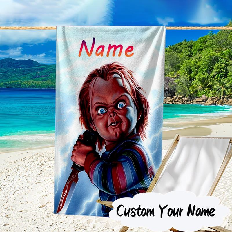 Custom Name Chucky Microfiber Beach Towel Super Soft & Absorbent for Bath, Beach, Travel Bath Time Accessory, Fan gifts
