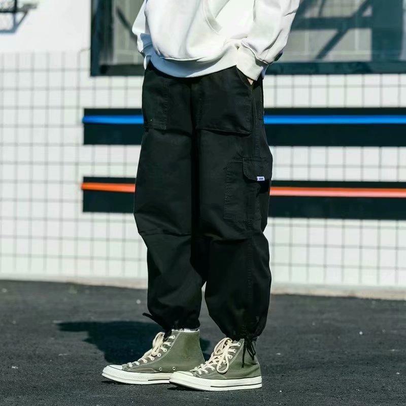 Japanese Style Cotton Cargo Pants Trendy Brand Loose Fit Wide Leg Drawstring Ankle Pants Men Casual