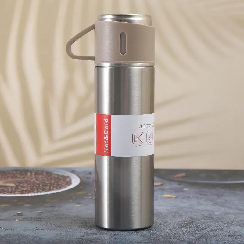 500ML 3-Tassen-Deckel Outdoor Heißwasser Thermoisolierung Neue Edelstahl-Vakuumflasche Geschenkset Thermoskanne Business-Stil