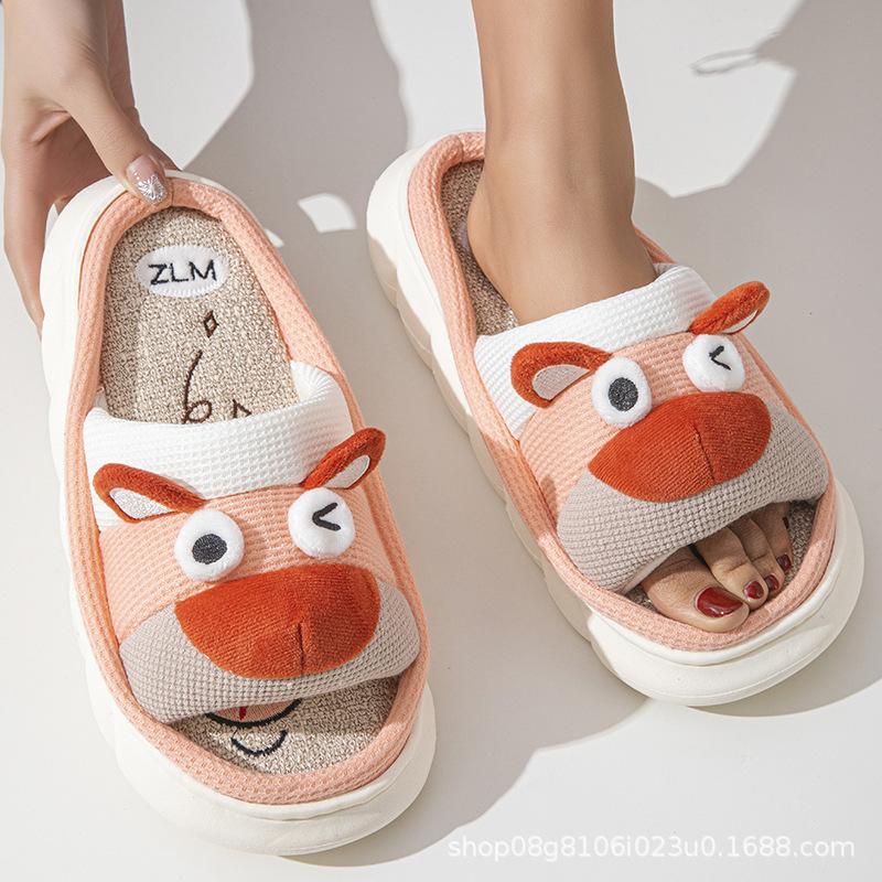 Fashion Cute Cartoon Slippers Women Men Spring Summer Shoes Breathable Cotton Linen Indoor Home Slides Couples House Floor Slipper