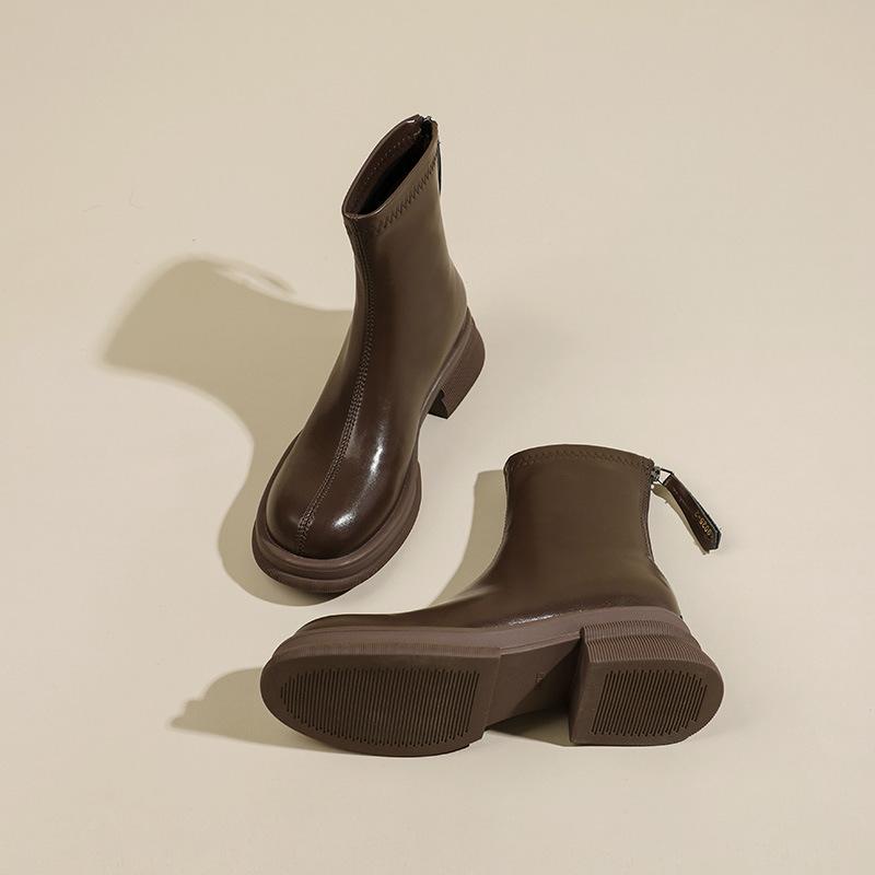 Soft leather thick-soled heightening short boots women's new elastic thin boots in autumn and winter 2025 regular thick-heeled Martin boots