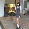 Dress women's short sleeves 2026 summer new sweet and spicy style gray slim splicing design fake two-piece short skirt