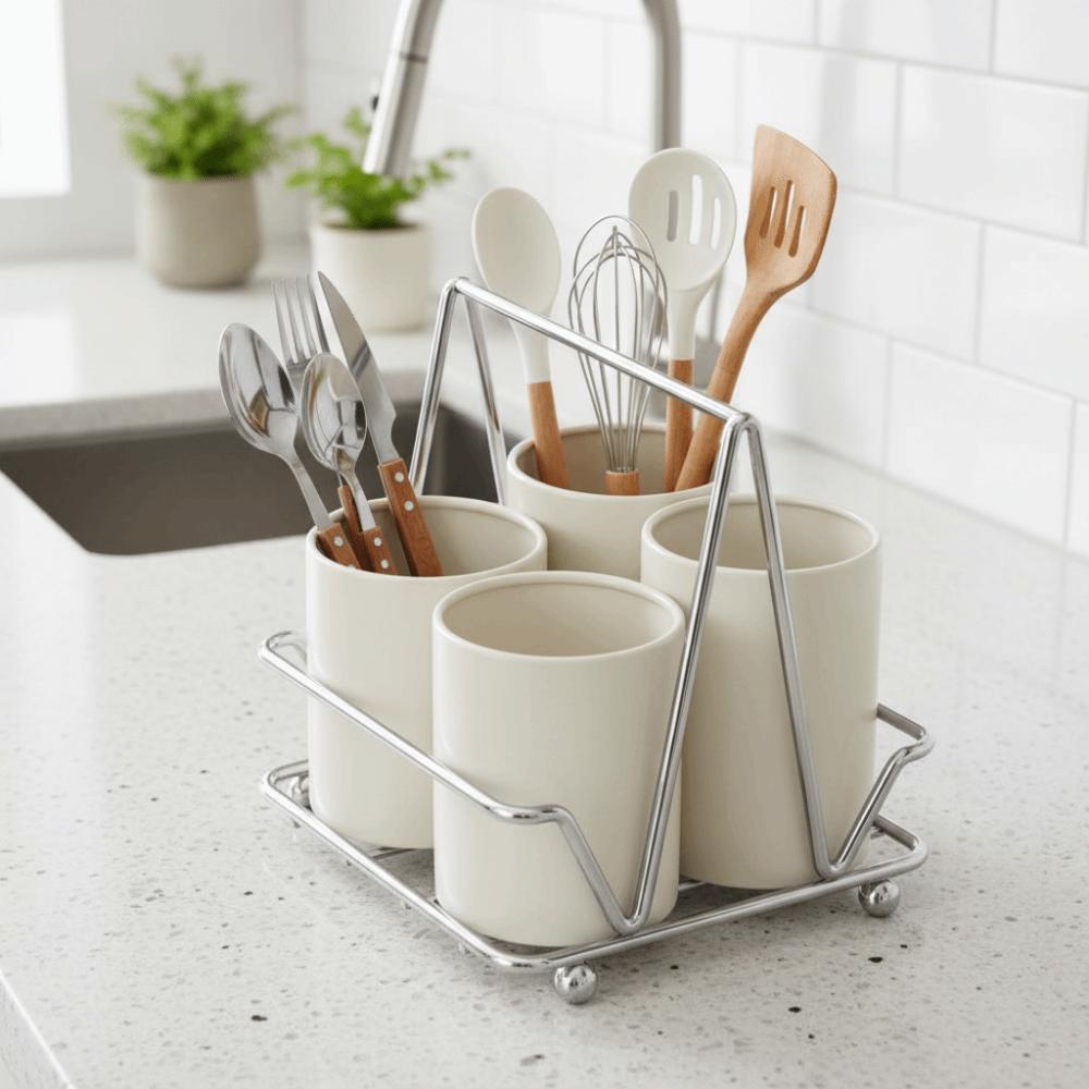 Carbon Steel Chopsticks Storage Box Large Capacity Space Saving Cutlery Storage Rack Detachable Countertop Type