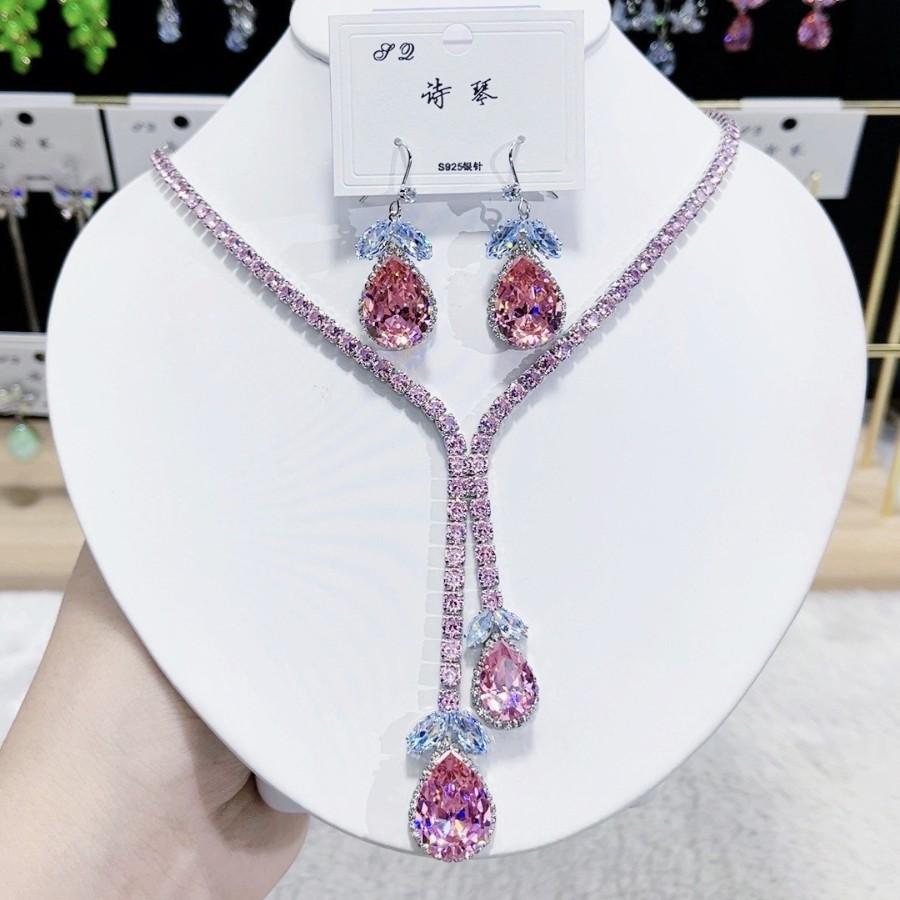 Women Fashion Trend Zircon Luxury Necklace Earrings Blue Drop Set 2025