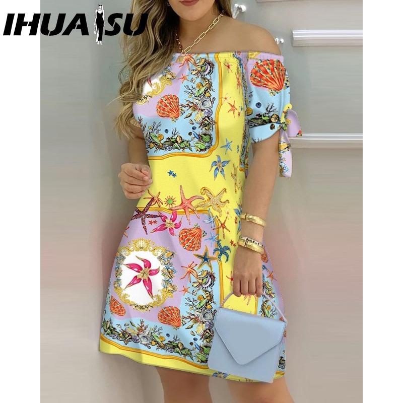 IHUASU Women Fashion Off Shoulder Dress Short Sleeve Bow Tie Print Dresses Summer Beach Dresses Plus Size