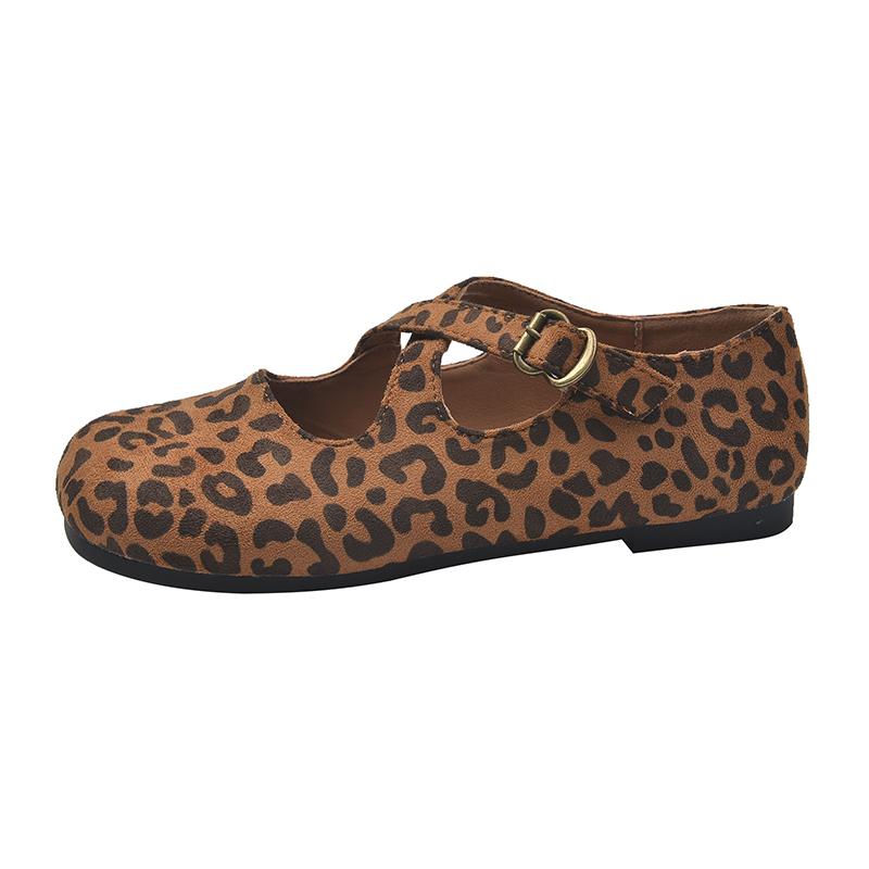 Fashion Brand Design Leopard Print Ballet Flat Woman Cross Buckle Strap Mary Jane Shoes Ladies Autumn Casual Faux Suede Shallow Loafers