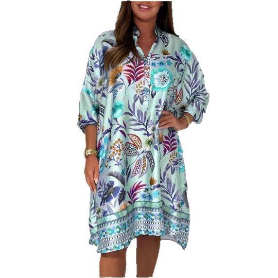 

Жіноча сукня з квітковим принтом, рукавом до середини ліктя та кольоровою смугастою облямівкою, повсякденна елегантна А-силуету літня сукня з V-подібним вирізом 3XL синій