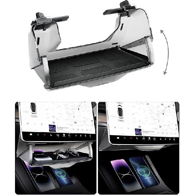 Hideable Under Screen Storage for Tesla Model Y Model 3,Center Console Organizer Tray with Black Anti-Slip Silicone Pad - Model Y 3 Accessories