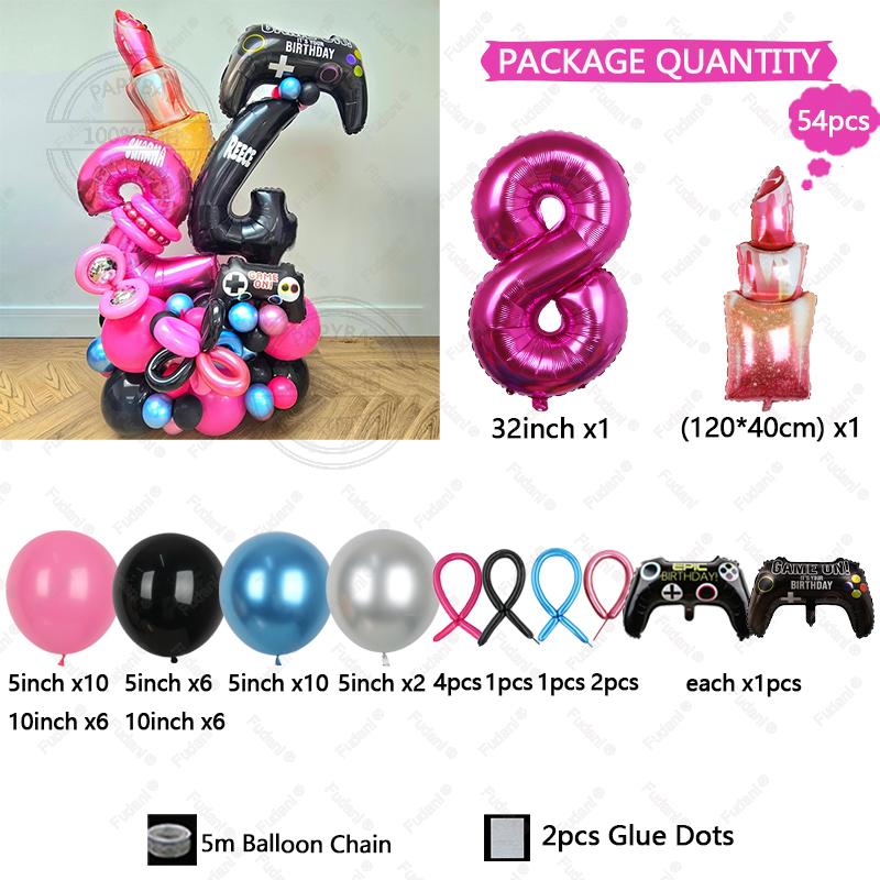 54pcs Red Lips Game Control Handle Black 1-9 Foil Digital Balloons Childrens Birthday Toys Party Decor Game Theme Party Supplies