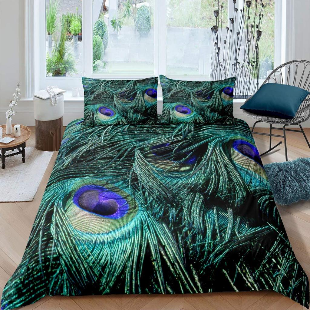 Peacock Feather Print Duvet Cover Bird Feathers Element Bedding Set Ultra Psychedelic Swirl Comforter Cover Colorful Bedclothes