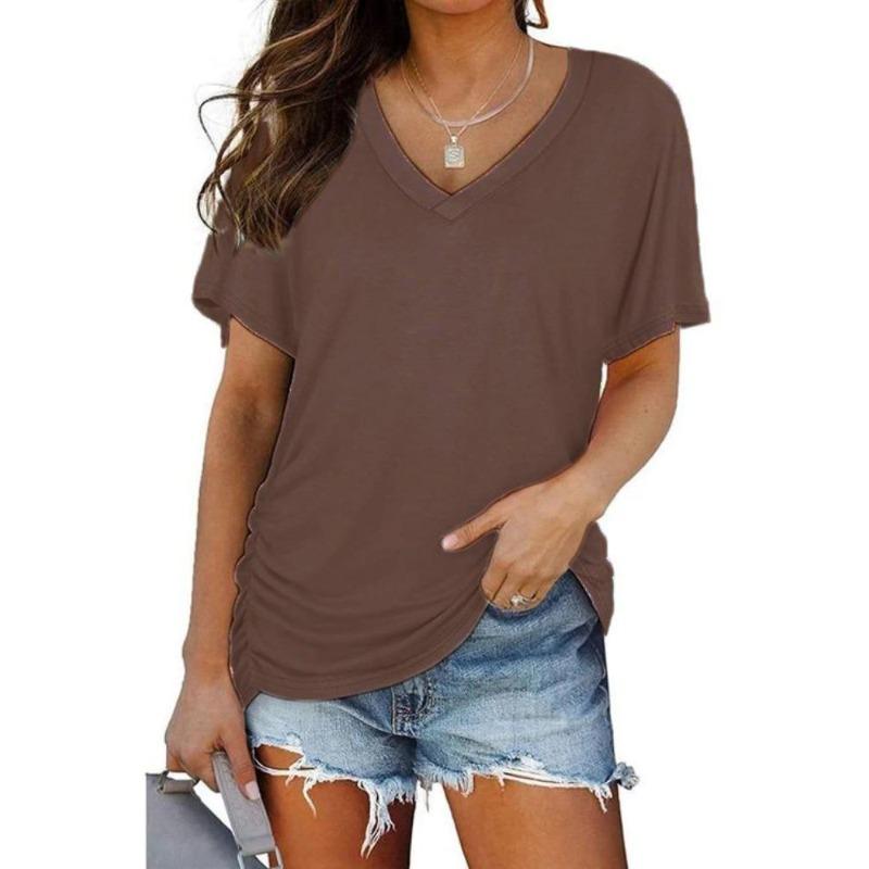 Women Casual Summer T Shirt V Neck Short Sleeve Solid Color Top Clothing