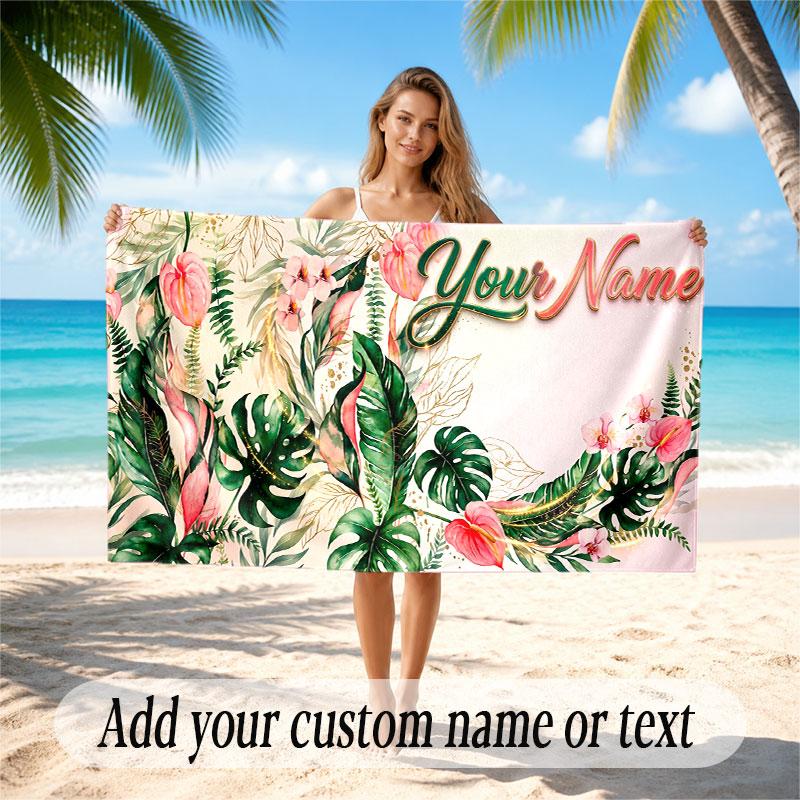 Floral Garden Theme Soft Beach Towel Personalized Custom Name Text Towel Portable for Beach Pool Travel