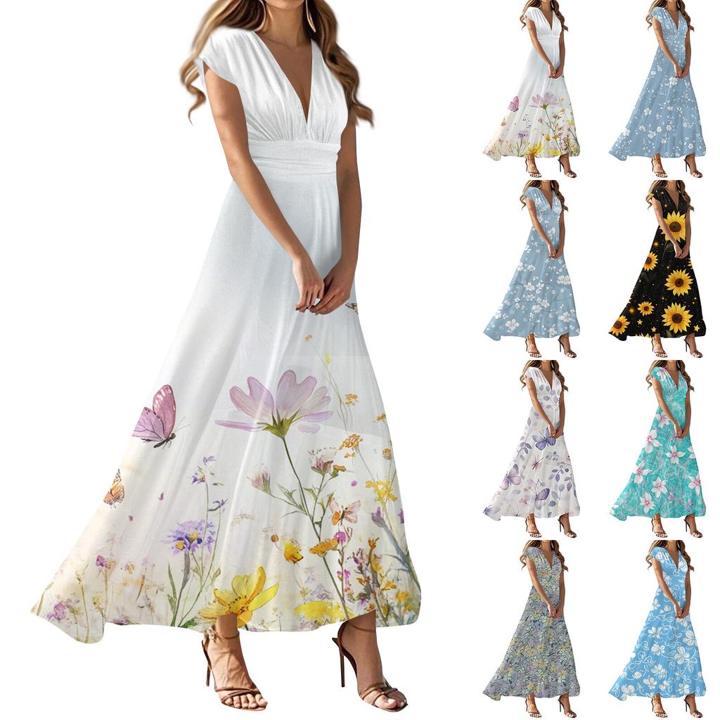 Boho Dress For Women Casual Loose Fit Summer Sundress Floral Print Dress With Pocket