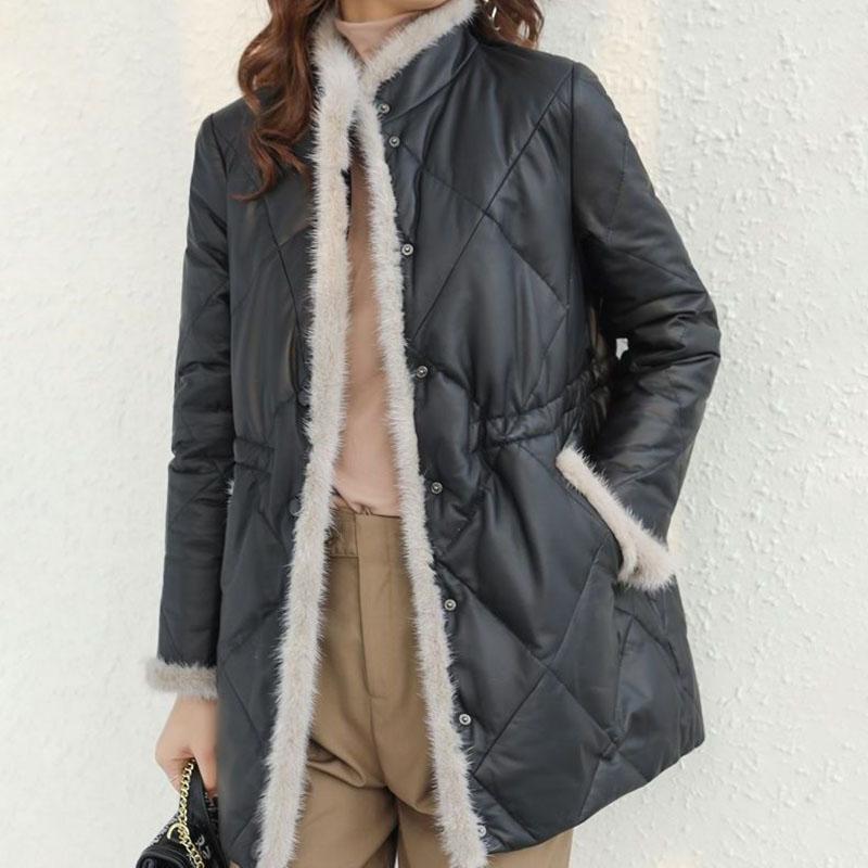 Winter Women's Thickened  Padded Jacket Stand Collar Slim Fit Padded PU Leather Coat